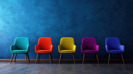 Vibrant Colorful Chairs Against a Deep Blue Wall