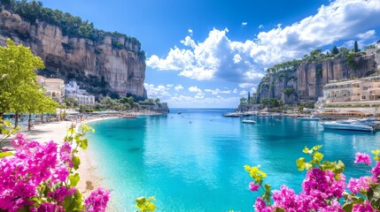 Idyllic Coastal Town with Turquoise Waters and Cliffs