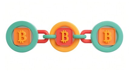 A colorful 3D illustration of interconnected Bitcoin symbols, representing blockchain technology and cryptocurrency.