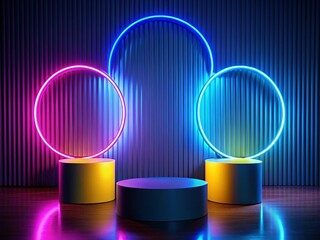 Silhouette Neon Circles Modern Art Display on Ribbed Pedestals