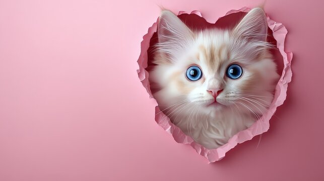 Cute Cat Popping Through Heart-Shaped Pink Background