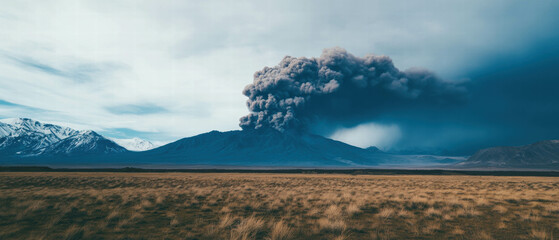 Naklejka premium Volcanic eruption sends ash plume skyward over mountain landscape