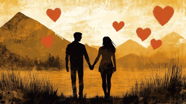 Romantic scene with hearts floating above an affectionate couple