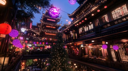 Illuminated Asian Night Market Festive Lanterns Buildings