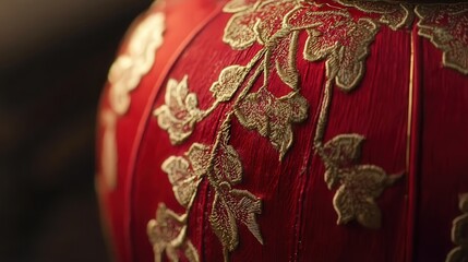 view of a red Chinese lantern with detailed golden embroidery, glowing warmly in the evening light.