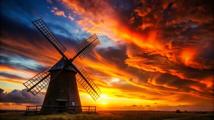 Silhouette of an old windmill at sunset, dramatic sky, dark outline against vibrant colors.