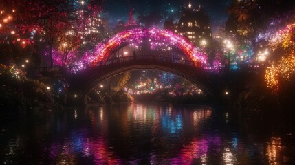 Fototapeta premium Illuminated Bridge Night Scene Magical Cityscape