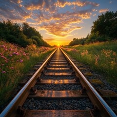 Obraz premium A high-angle view of an airport track stretching towards a sunrise, symbolizing journey and hope.