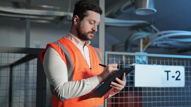 Serious electrical engineer in an orange vest writes notes on a clipboard. Bearded man inspects a high-voltage electrical control panel in a modern data center, electrical equipment.