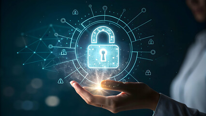 Futuristic digital lock symbol with glowing hands and technology elements