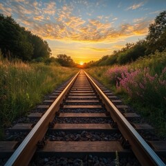 Fototapeta premium A high-angle view of an airport track stretching towards a sunrise, symbolizing journey and hope.