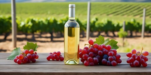 Elegant Wine Bottle with Fresh Red Grapes and Vine Leaves on Rustic Wooden Table - Perfect for Wine and Vineyard Themes