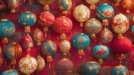 Chinese New Year lanterns of various shapes and sizes, each adorned with intricate gold patterns and symbols of luck