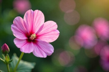 Obraz premium Delicate pink flower of mallow blooms in garden, bloom, nature, flowers