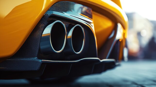 Close-up of dual exhaust pipes on a yellow sports car's rear bumper.