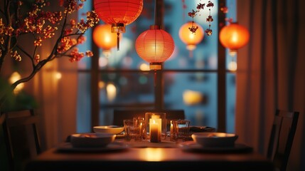 Chinese New Year lanterns hanging from the ceiling, casting warm light over a festive dinner table