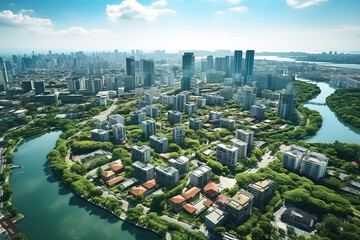 Obraz premium Aerial View of a Modern City with Greenery and River