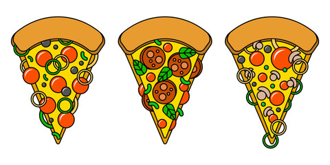 Cartoon slice of pizza. Pizza with sausage, mushrooms, tomatoes and cheese. Vector illustration