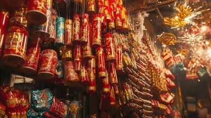 Naklejka premium firecrackers hanging in a market, their bold red packaging and golden accents inviting good fortune for Chinese New Year