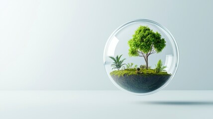 Floating Glass Orb Showcasing Tiny Embedded Ecosystems Featuring Lush Greenery, Plants, and Natural Elements in a Tranquil Setting