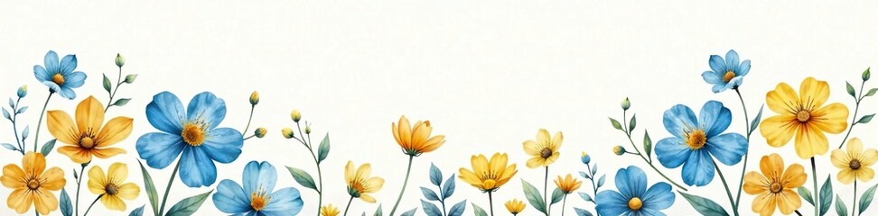 Obraz premium Delicate watercolour flowers with soft blue and yellow tones, botanicals, garden, floral art