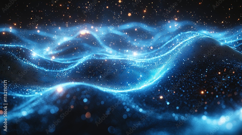 Poster a 3d rendering of an abstract background with dark blue and glowing particles