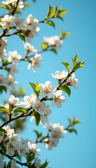 Fototapeta premium Delicate white blooms nestled in the branches of a lush tree against a clear blue sky, tranquility, serene