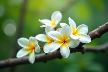 Fototapeta premium delicate white frangipani blooms on a wooden branch, nature scenery, floral arrangement