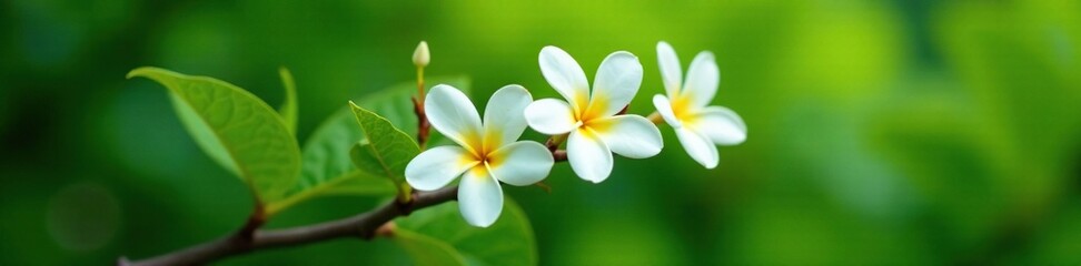 Fototapeta premium Delicate white plumeria blooms on a lush green branch, green, plant, tree