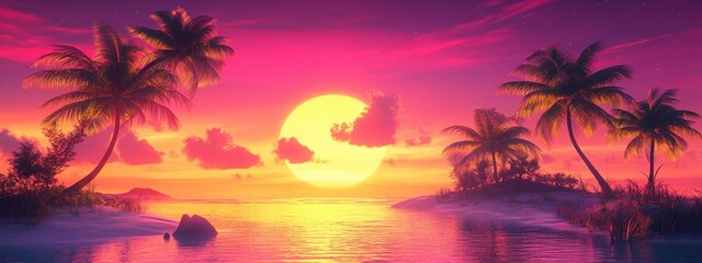 A dreamy sunset over a tropical island with neon accents blending pink, orange, and purple. Palm trees and water reflect the glowing hues, creating a surreal neon aesthetic.