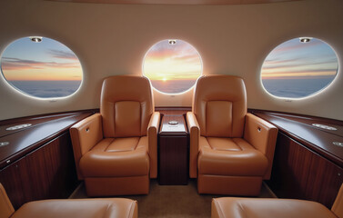 Obraz premium Interior of a private jet, featuring two plush, tan leather seats arranged for comfort and conversation