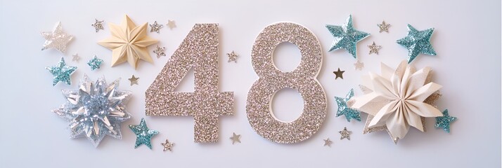 A sparkling birthday card with the number 48 surrounded by glittery accents and stars
