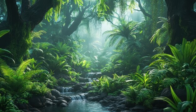 Lush jungle stream, misty rainforest path, sunlight, game background