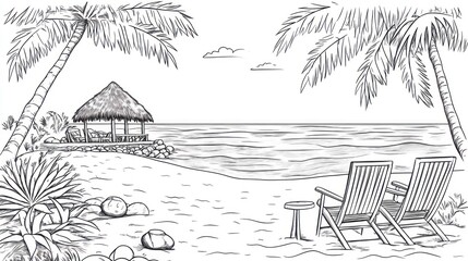 Tropical beach chairs under palms, hut, ocean view, relaxation illustration
