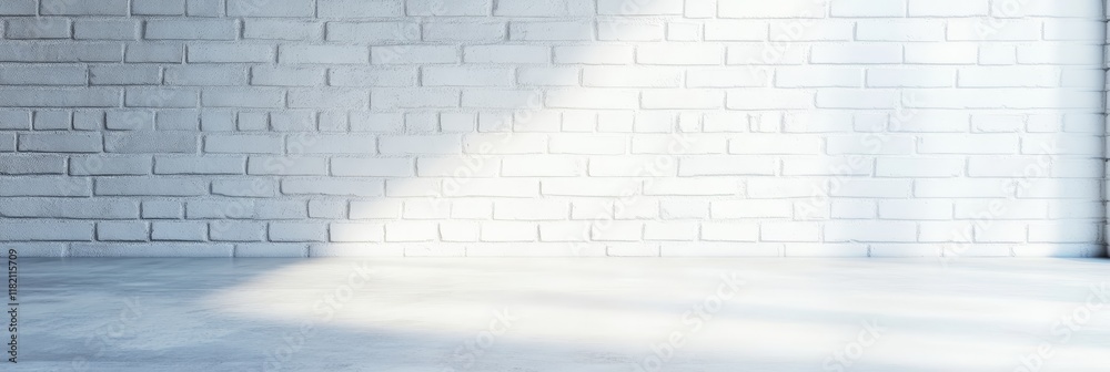 Poster sunlight illuminating an empty room with white brick wall and gray concrete floor providing a perfec