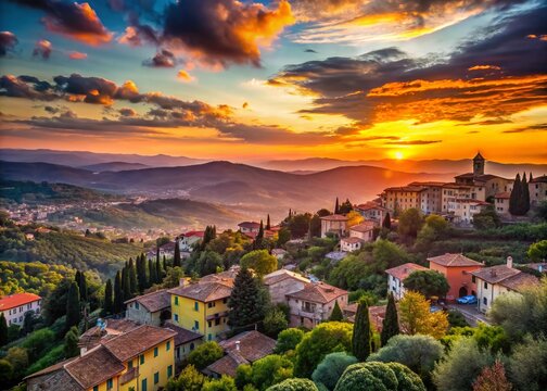 Silhouette of Montecatini Terme Valley at Sunset, Tuscany, Italy