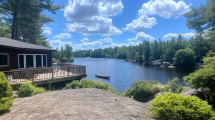 Fototapeta premium Lakeside Cabin with Canoeing View Peaceful Summer Retreat
