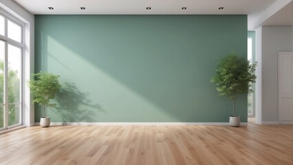 Obraz premium empty cloudy green wall and wood floor mockup in modern living room