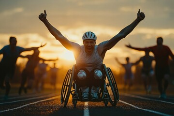 A group of diverse athletes, including a wheelchair racer and an amputee sprinter, celebrating together on a track field at sunset,copy space background