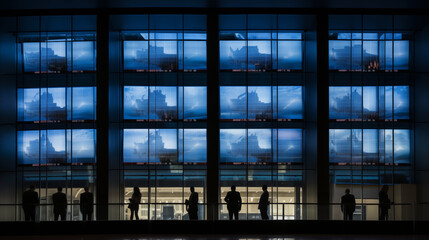 Team Reflection in Wall Street Windows with Stock Tickers Overlay