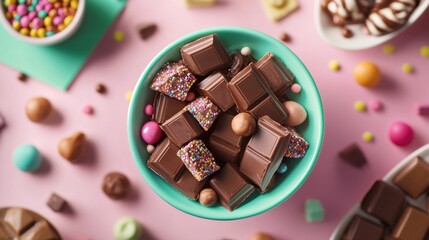Fototapeta premium Colorful Chocolate Bars and Candy Arranged in a Bowl on a Pink Background for Sweet Treats Photography