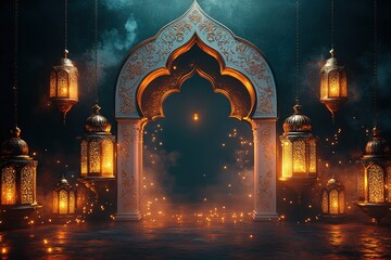 Fototapeta premium Golden Islamic Archway with Lanterns, Perfect for Ramadan