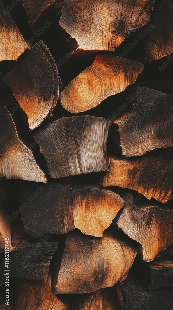 Poster close up view of stacked firewood logs showcasing the natural beauty and texture of wood, creating a