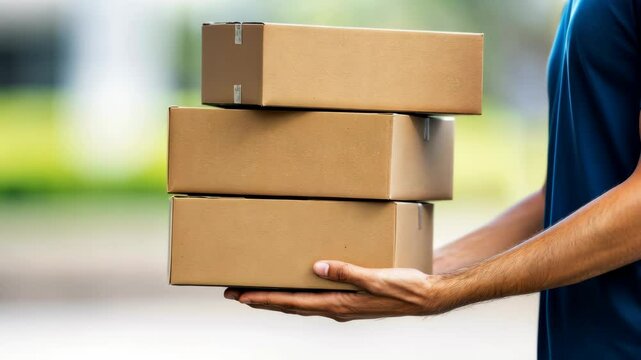 Delivery person carrying multiple brown packages while walking outdoors near a green area in broad daylight