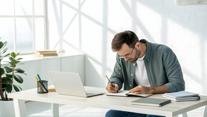Man Writing Notes at Modern Desk in Bright Office Space