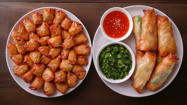 Freshly baked spring rolls and fried dumplings on plates