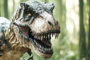 Obraz premium Roaring Tyrannosaurus Rex in prehistoric jungle