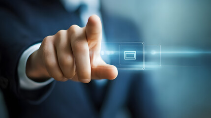 A businessman interacting with virtual media buttons.