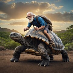Cartoon-style Darwin riding a giant Galápagos tortoise.
