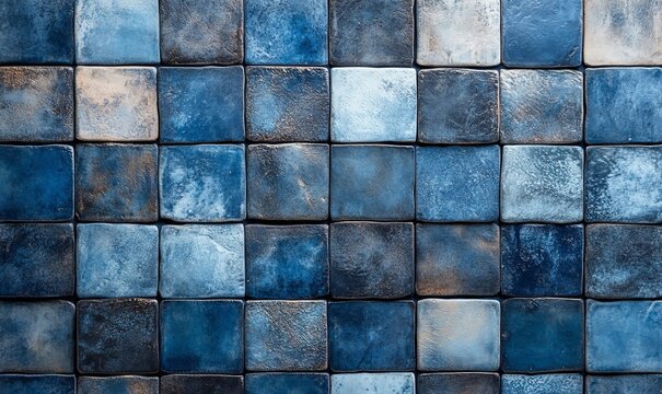 Blue ceramic tile wall or floor background. Design wallpaper copyspace, Generative AI